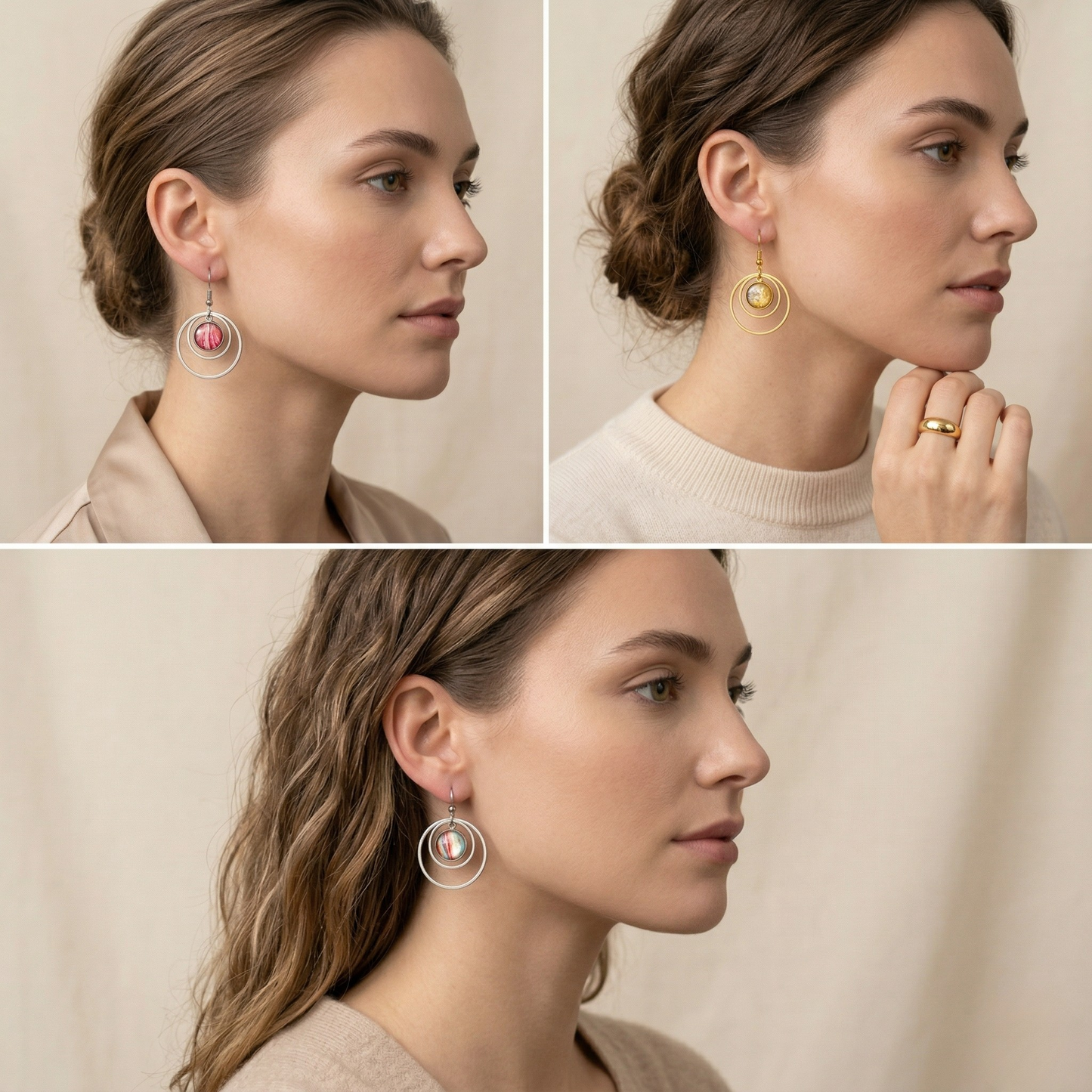 Oorbellen Puck | rvs design met dubbele ringen, turquoase, rood, wit