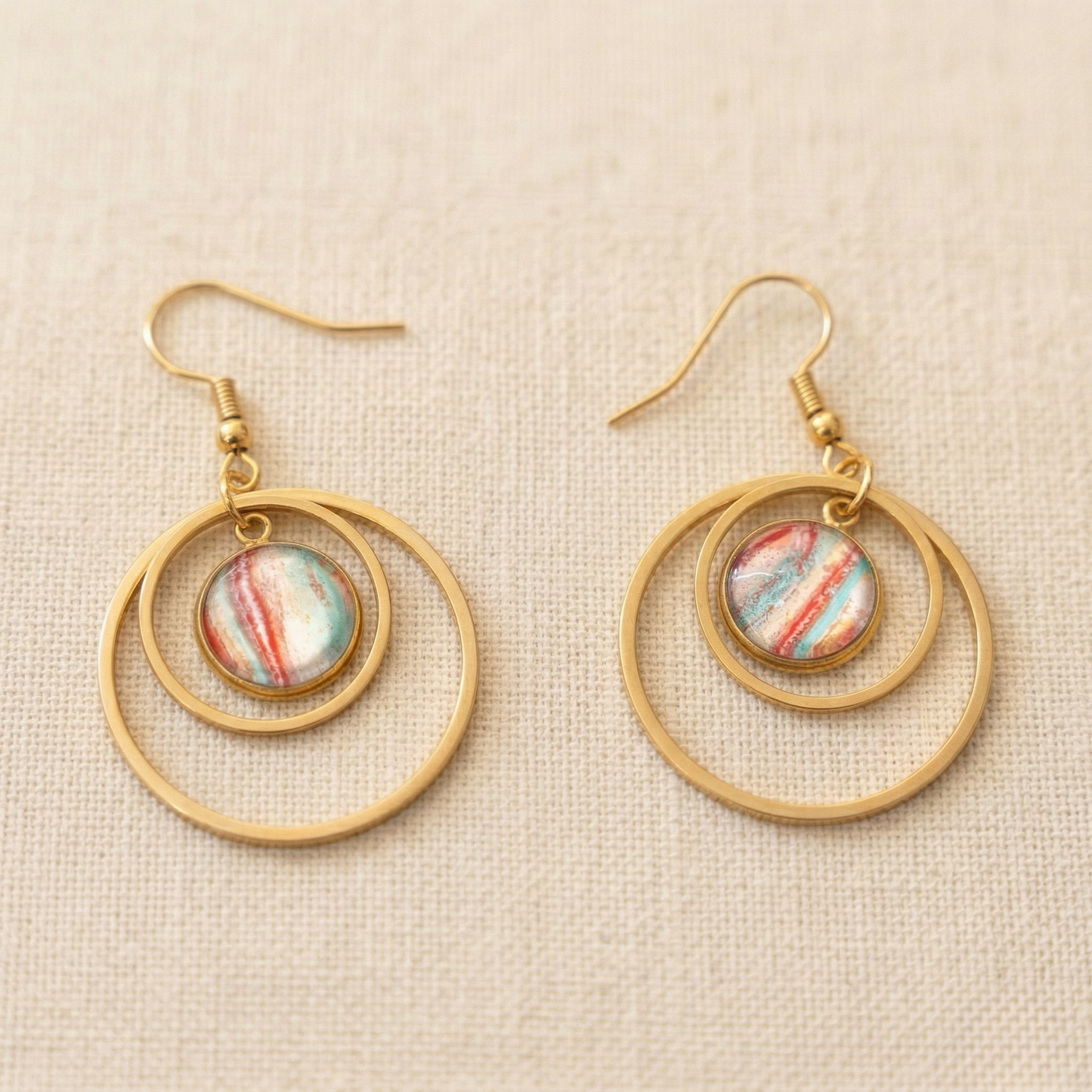 Oorbellen Puck | rvs design met dubbele ringen, turquoase, rood, wit