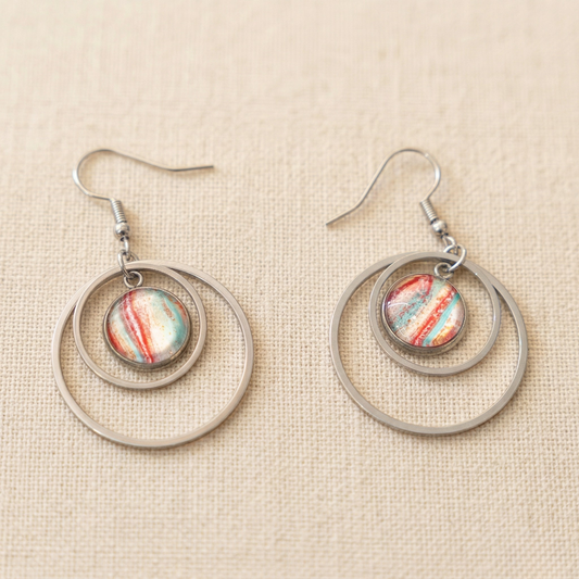 Oorbellen Puck | rvs design met dubbele ringen, turquoase, rood, wit