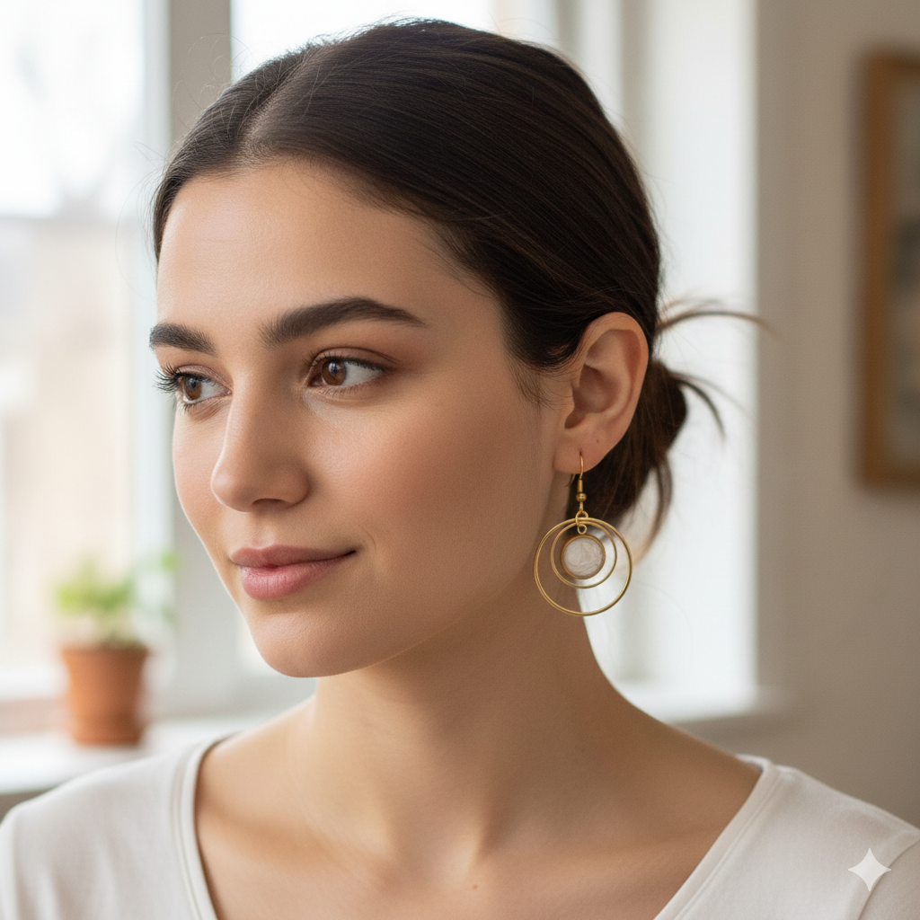 Oorbellen Puck | rvs design met dubbele ringen, wit marmer