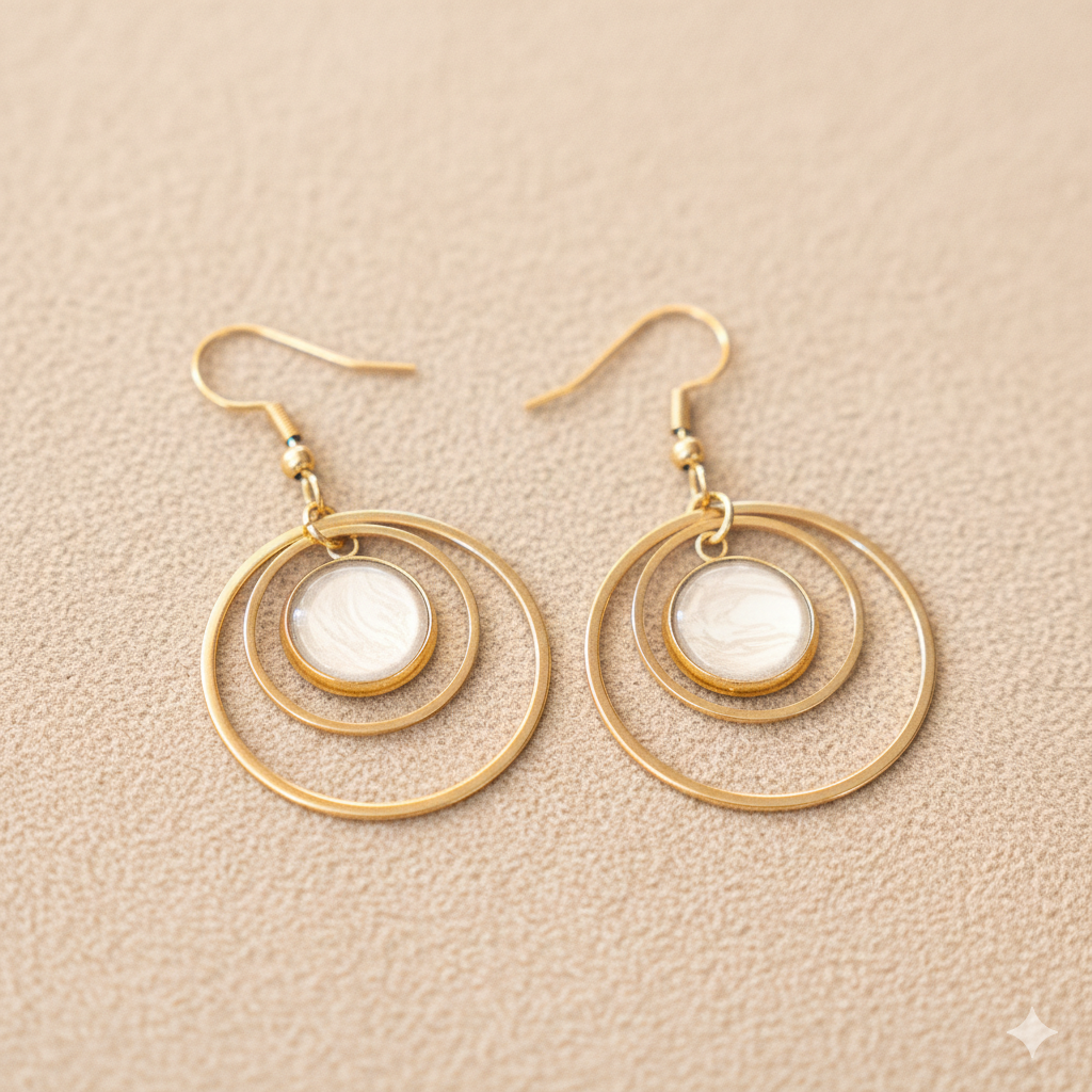 Oorbellen Puck | rvs design met dubbele ringen, wit marmer